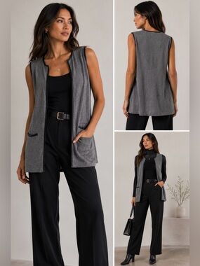 Laura Petites Gray Sleeveless Longline Vest LP | Faux Leather Trim Cardigan